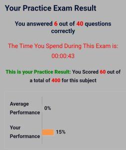 The result page showing detailed information about candidate's performances in the exam.